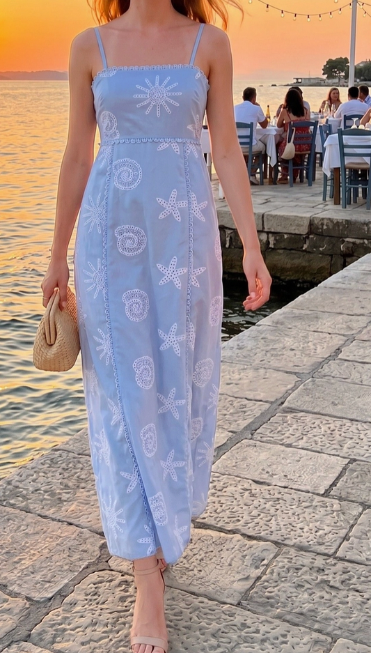 Embroidery Maxi Dress with Lace Trim Detail