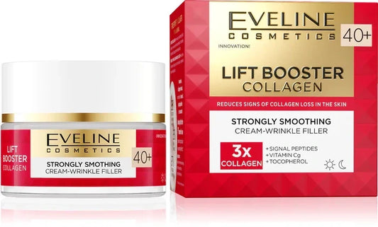 Eveline Cosmetics Lift Booster Collagen cream jar and packaging on a white background
