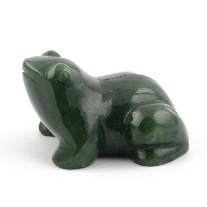 Glossy dark green frog figurine shown in profile