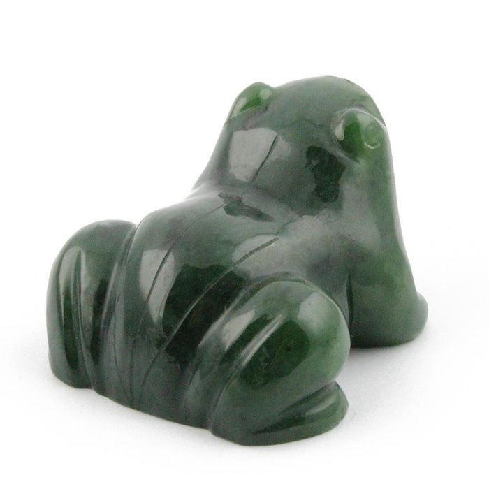 Dark green nephrite jade frog figurine with a glossy finish