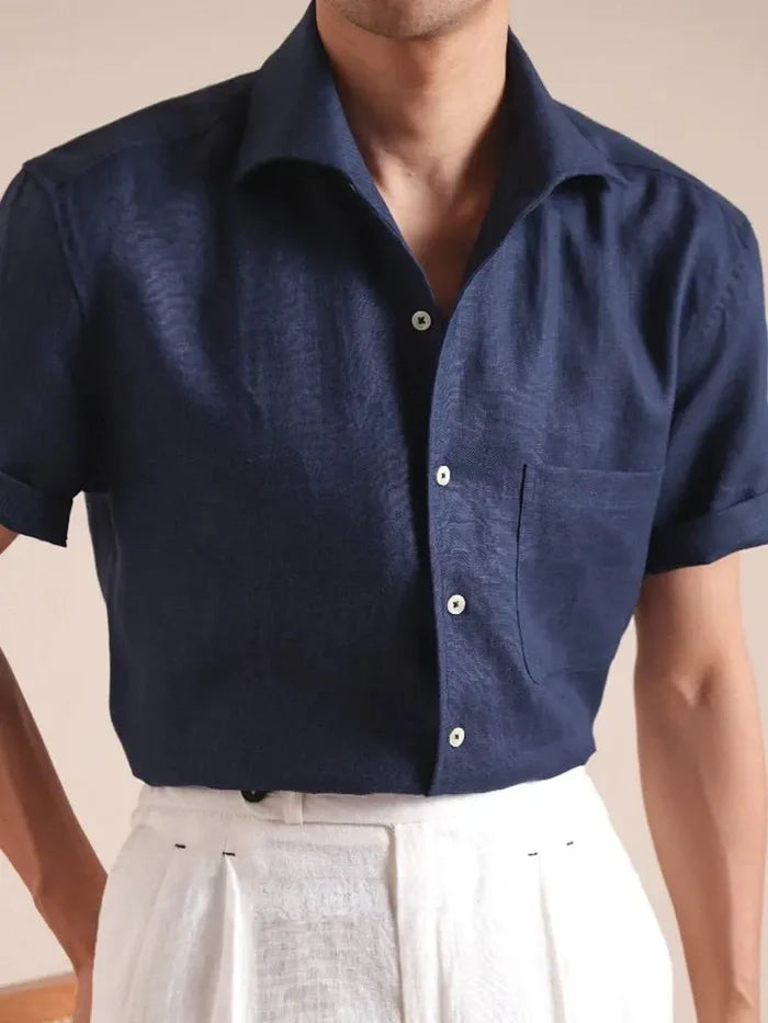 Italian Vega - Cut Away Collar Half Sleeve Linen Shirt - 003