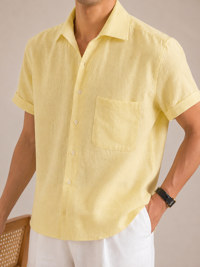Italian Vega - Cut Away Collar Half Sleeve Linen Shirt - 003