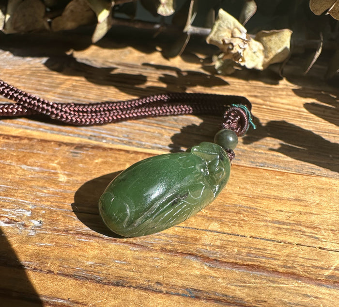Close-up of green jade bird pendant on a brown braided cord lying on wood