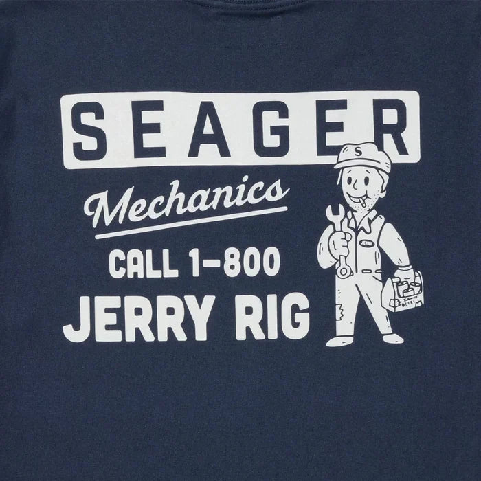 Seager Jerry Rig Tee navy back graphic with mechanic illustration and 1-800 Jerry Rig text