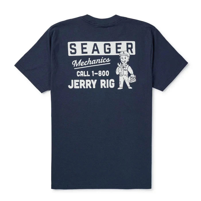 Back view of Seager Jerry Rig navy short sleeve t-shirt featuring graphic with mechanic illustration