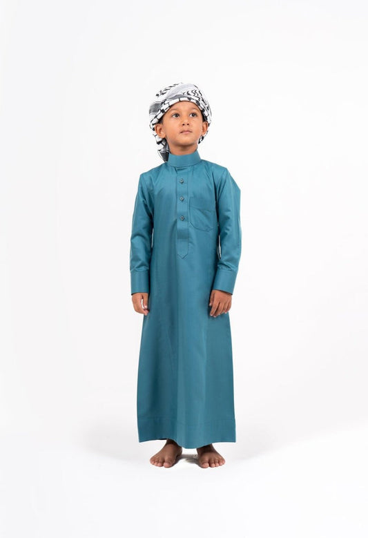 Kids Turquoise Saudi Hijazi Close Collar Jubba Thobes