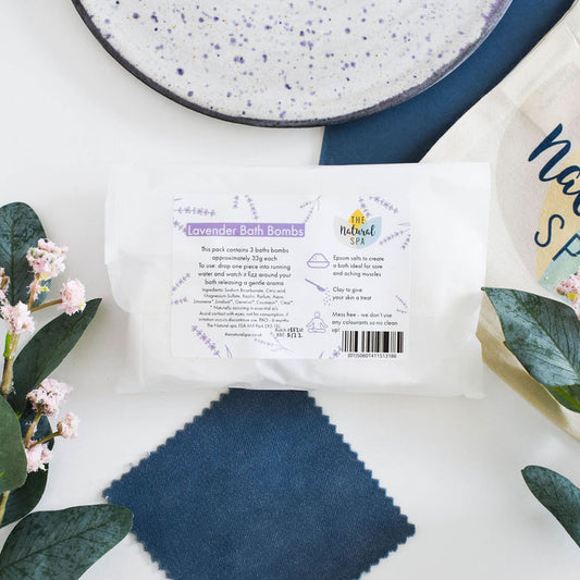 lavender bath bombs set of 3, plastic-free, vegan, aromatherapy, bath fizzers