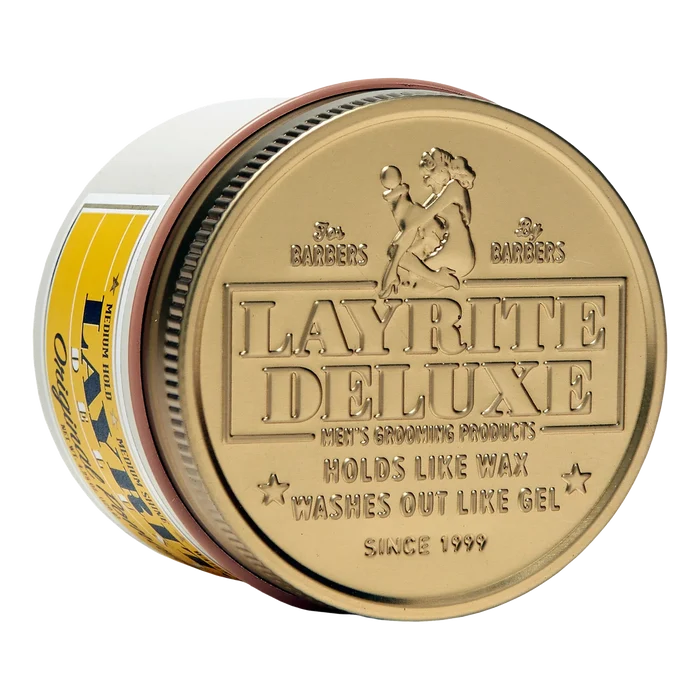 Sidevisning av Layrite Original Pomade med 'For Barbers by Barbers' logo
