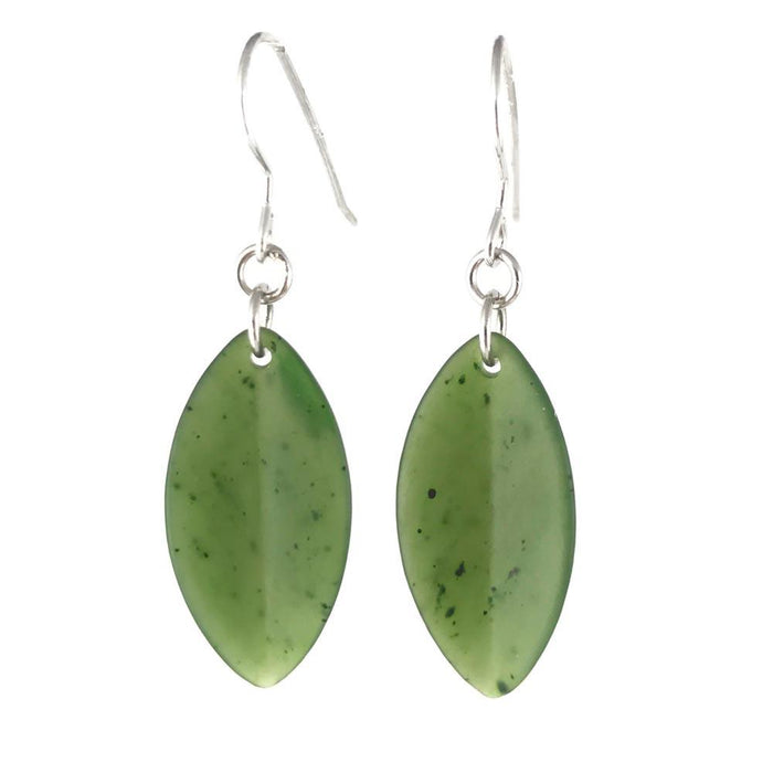 Pair of green leaf shaped earrings with silver hooks