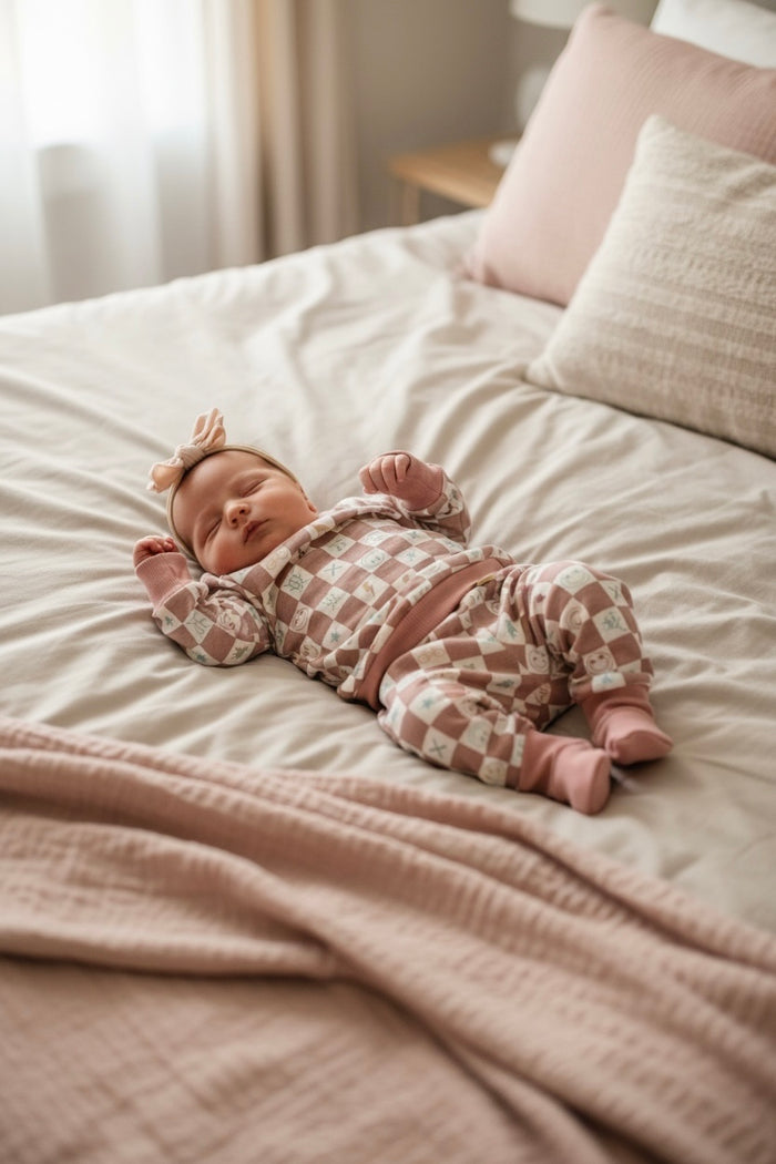 Newborn baby peacefully sleeping on a bed, wearing a dusty pink checkered lounge set with matching cuffs and a soft bow headband; warm neutral bedroom tones in the background.