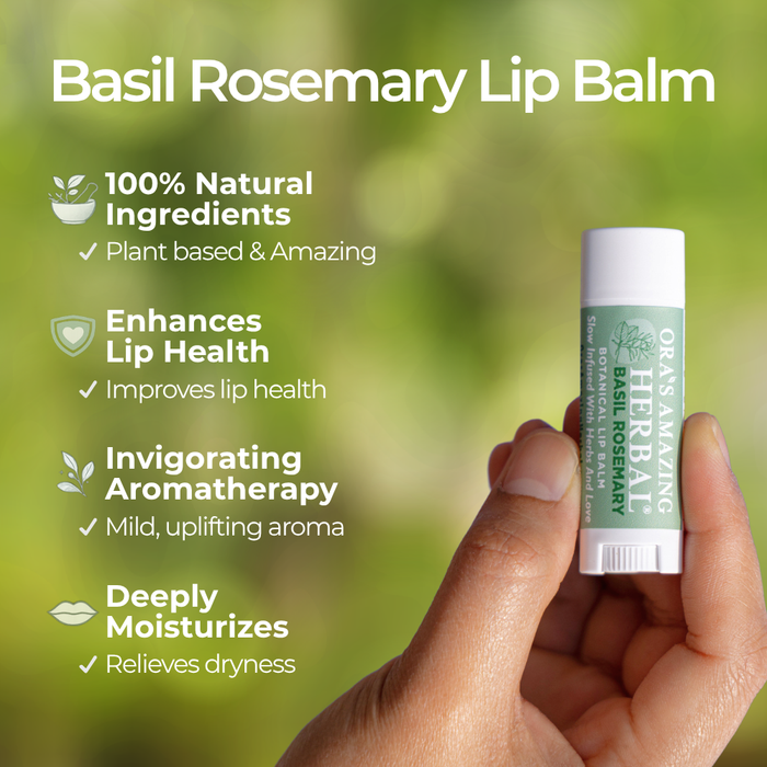 Basil Rosemary Lip Balm Benefits Infographic Hand Held By a Human Hand with an Outdoor Background.