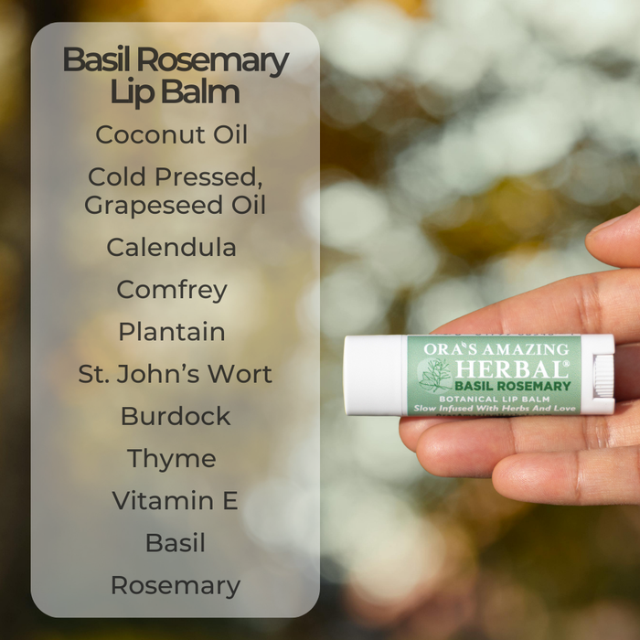Hand holding a Basil lip balm with a list of ingredients on a blurred natural background.