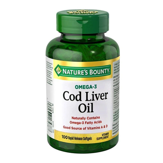 Bottle of Nature's Bounty Cod Liver Oil on a white background