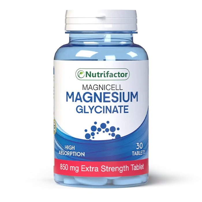Bottle of Nutrifactor Magnesium Glycinate supplement on a white background