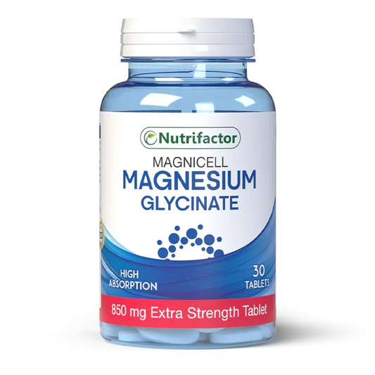 Bottle of Nutrifactor Magnesium Glycinate supplement on a white background