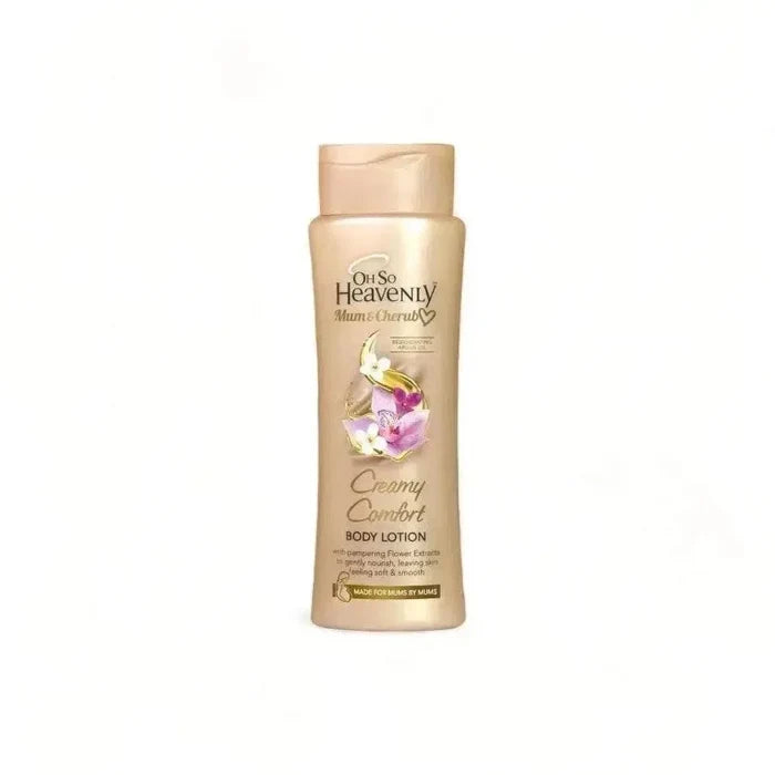 Oh So Heavenly Mum & Cherub creamy comfort body lotion bottle with floral design for pregnancy skincare