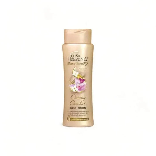 Oh So Heavenly Mum & Cherub creamy comfort body lotion bottle with floral design for pregnancy skincare