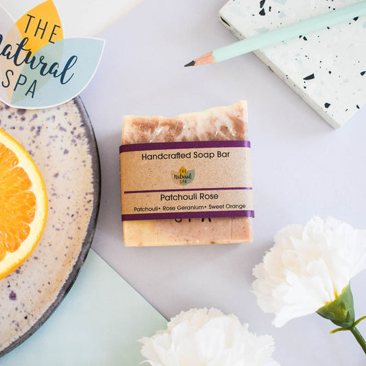 patchouli rose soap bar, vegan, plastic-free, cold pressed