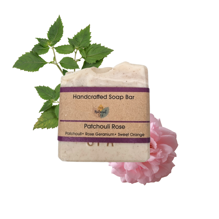 patchouli rose soap bar, vegan, plastic-free, cold pressed