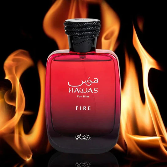 Hawas Fire perfume bottle with flames in the background