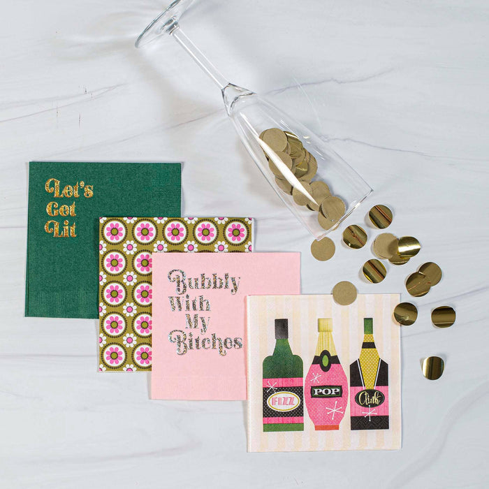 Retro Groovy Floral Pink and Green Cocktail Beverage Napkin