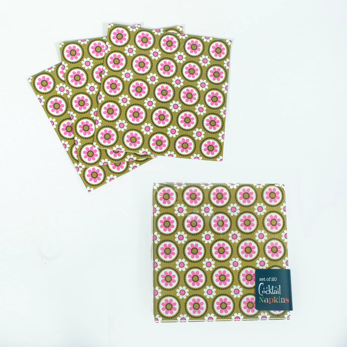 Retro Groovy Floral Pink and Green Cocktail Beverage Napkin