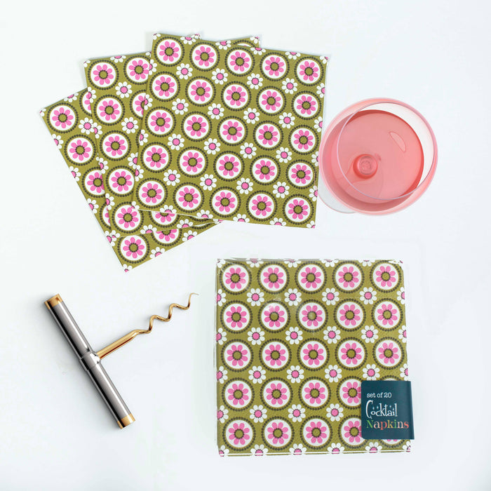 Retro Groovy Floral Pink and Green Cocktail Beverage Napkin