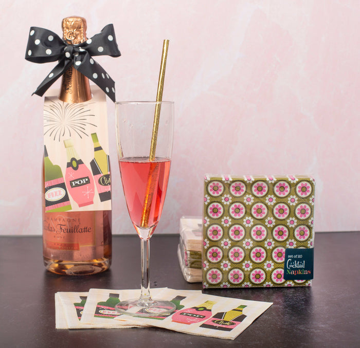 Retro Groovy Floral Pink and Green Cocktail Beverage Napkin