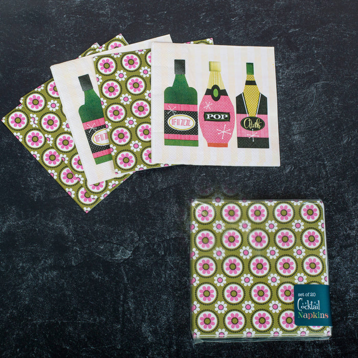 Retro Groovy Floral Pink and Green Cocktail Beverage Napkin