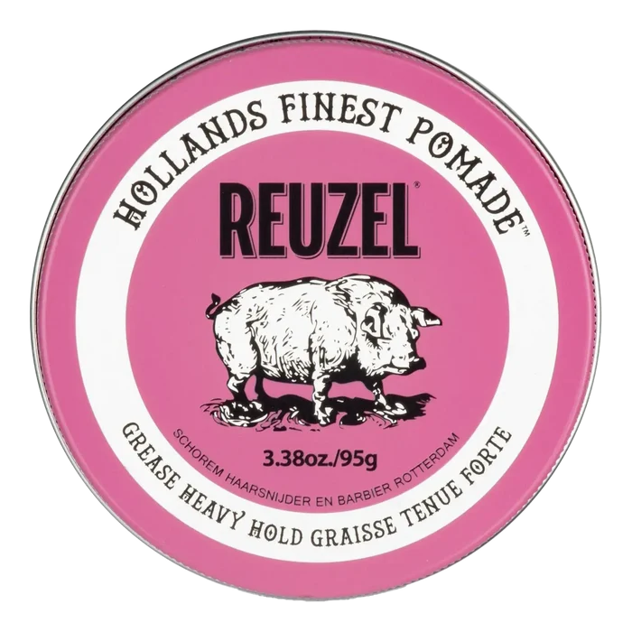 Toppvisning av Reuzel Pomade Pink metallboks med etikett og vektangivelse