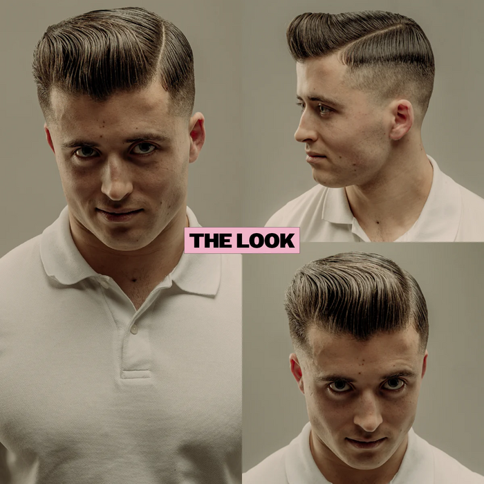 Kollasj av tre ulike hårstiler på mann med Reuzel Pomade Pink bakgrunn
