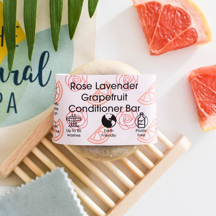 rose lavender grapefruit conditioner bar, solid conditioner, plastic-free haircare, vegan