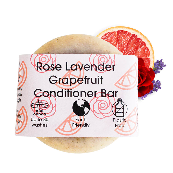 rose lavender grapefruit conditioner bar, solid conditioner, plastic-free haircare, vegan
