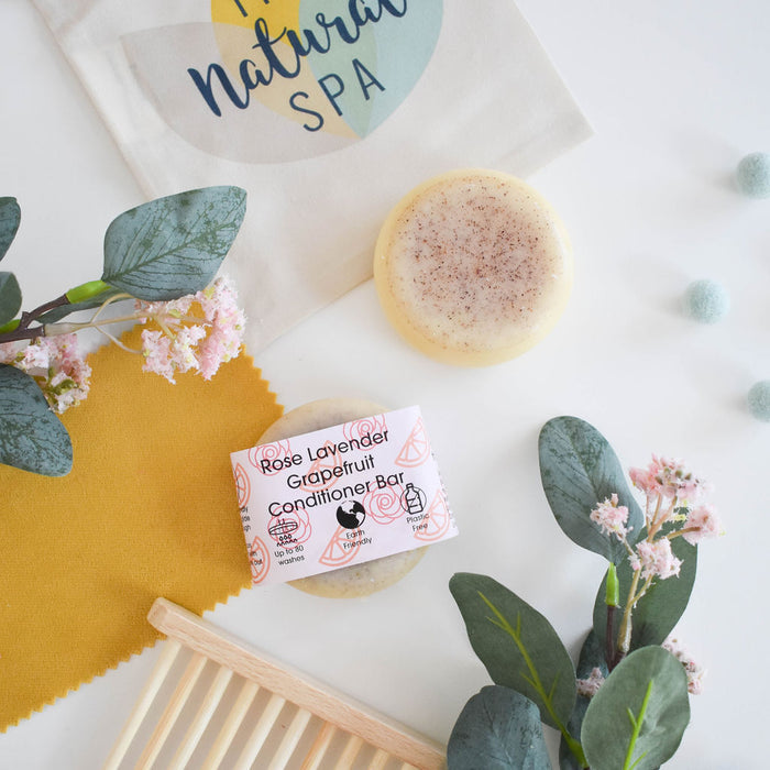 rose lavender grapefruit conditioner bar, solid conditioner, plastic-free haircare, vegan
