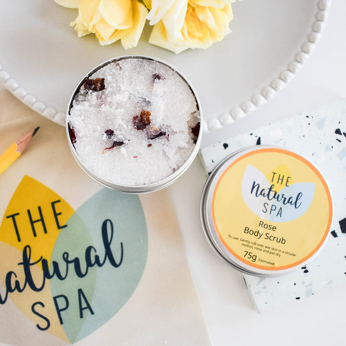rose sugar scrub, body scrub tin, plastic-free skincare, vegan