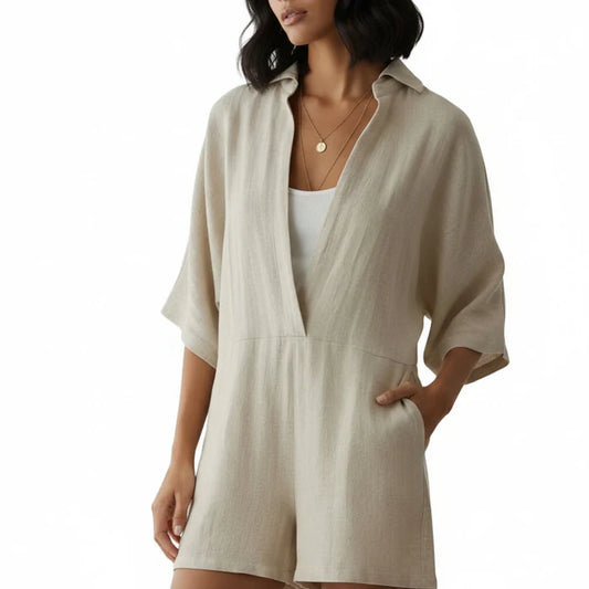 Samanyolu Short Cotton Jumpsuit - Beige - Waha Lifestyle