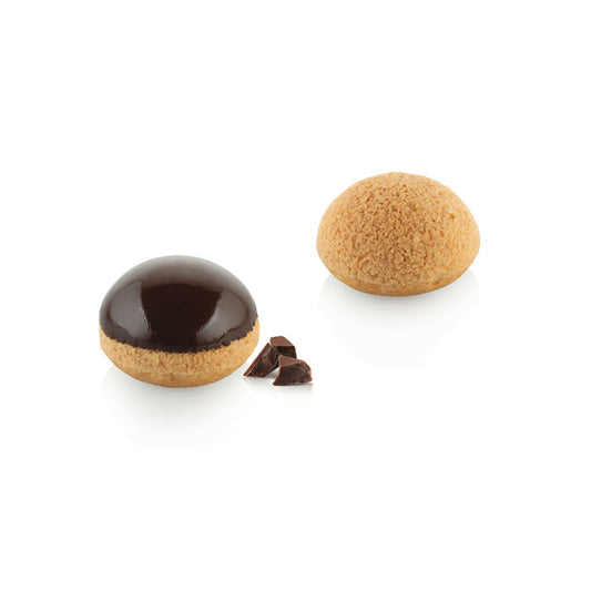 Two pastries, one with chocolate glaze and the other plain, on a white background.