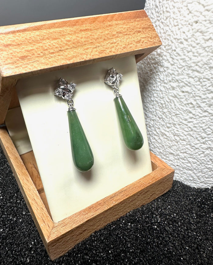 Silver drop earrings with green jade teardrops and crystal accents