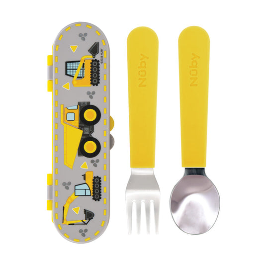 The Nuby Stainless Steel Toddler Utensil Set | Construction Zone includes a yellow and gray fork, spoon, and travel case with construction vehicle designs. The self-feeding utensils have yellow Nuby-labeled handles.