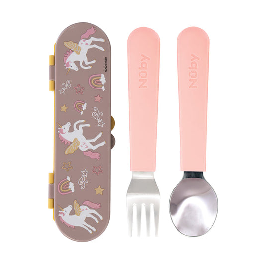 The Nuby Stainless Steel Toddler Utensil Set | Unicorn features a pink and brown fork and spoon with matching travel case, decorated with unicorns, rainbows, and stars. Self-feeding utensils have pink handles labeled Nuby.