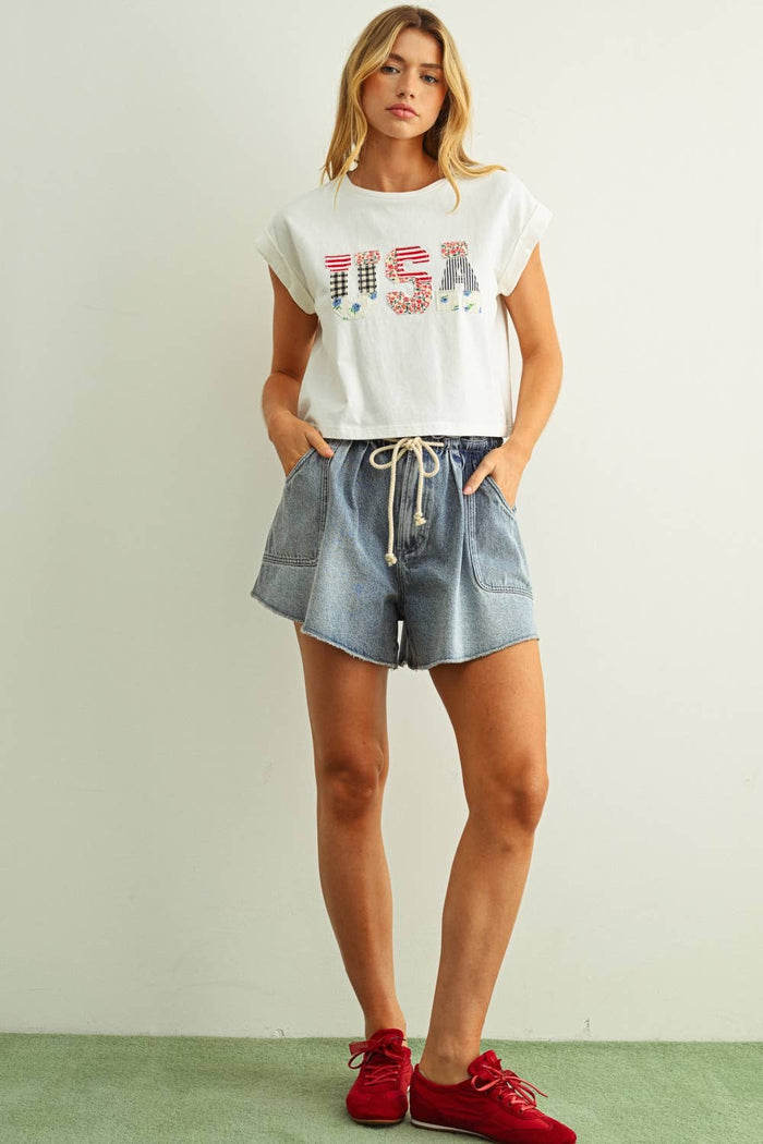 T6803   USA FLORAL PATCHWORK FRONT T SHIRTS