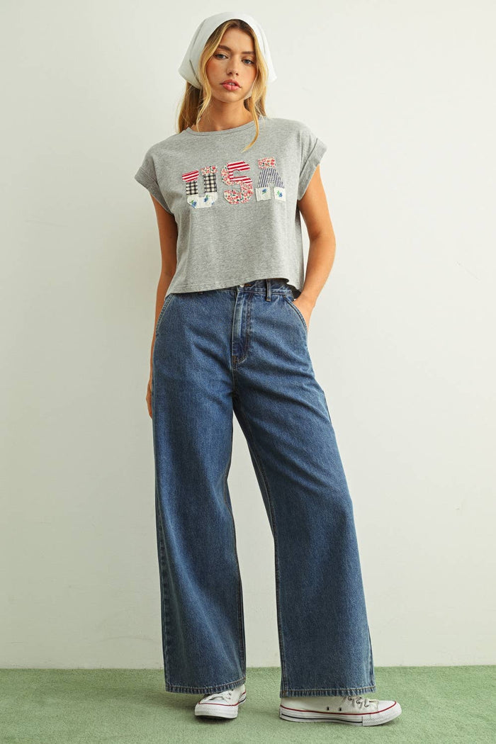 T6803   USA FLORAL PATCHWORK FRONT T SHIRTS