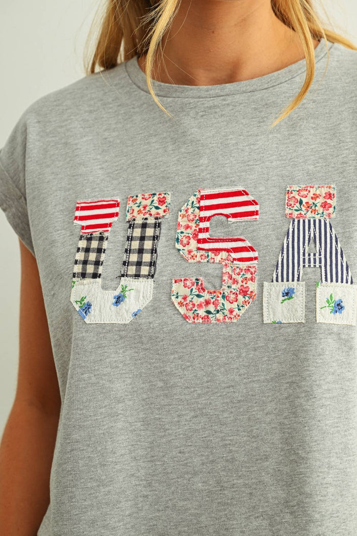T6803   USA FLORAL PATCHWORK FRONT T SHIRTS