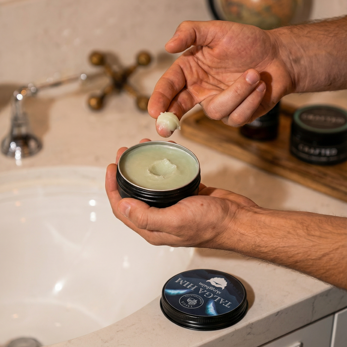 Person scooping Talga Him beard balm from a black tin over a bathroom sink during a grooming routine.