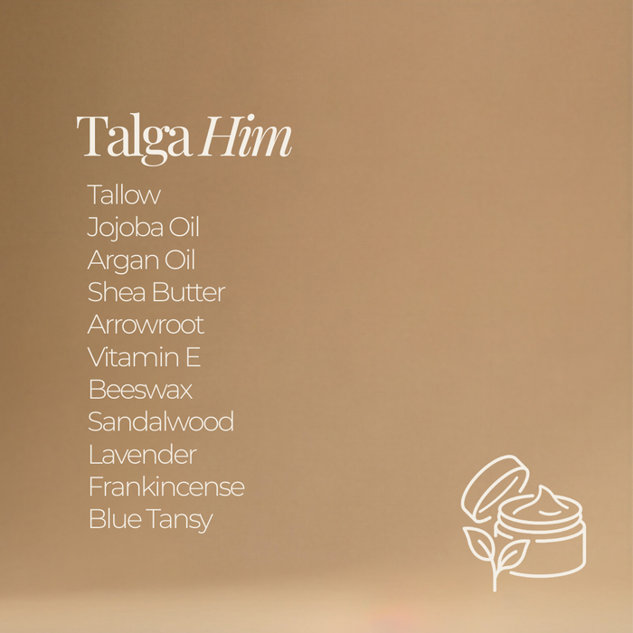 Talga Him ingredient list graphic: tallow, jojoba oil, argan oil, shea butter, arrowroot, vitamin E, beeswax, sandalwood, lavender, frankincense, and blue tansy, with the Talga logo.