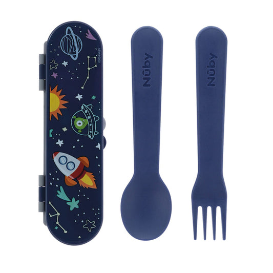 The Nuby Toddler Utensil Set | Galaxy features a navy blue spoon and fork designed for little hands, plus a travel case with fun space-themed decorations—planets, stars, a rocket, and an alien. Ideal for self-feeding toddlers.