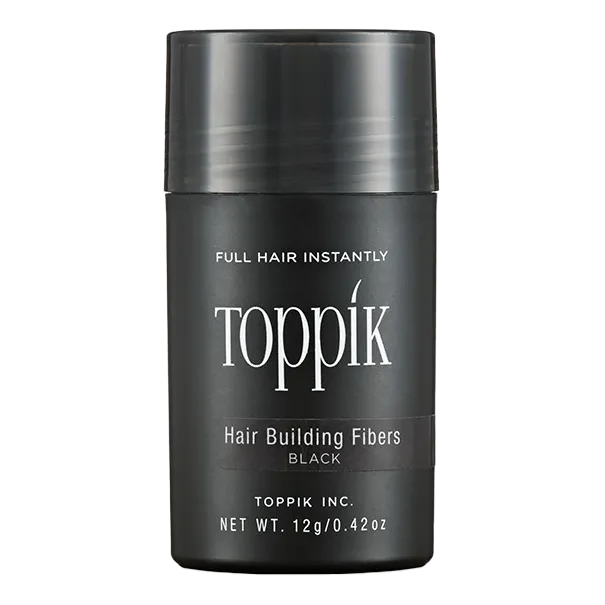 Toppik hårfiber sort 12g i mørk beholder med metallisk lokk