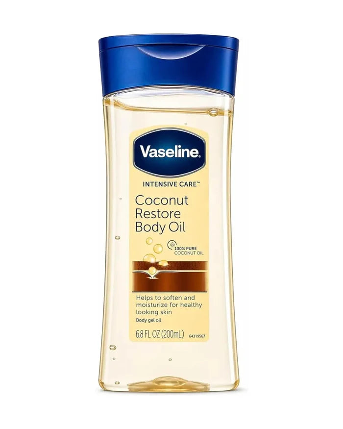 Vaseline Coconut Restore Body Oil bottle on a white background