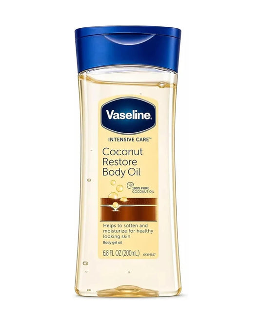 Vaseline Coconut Restore Body Oil bottle on a white background