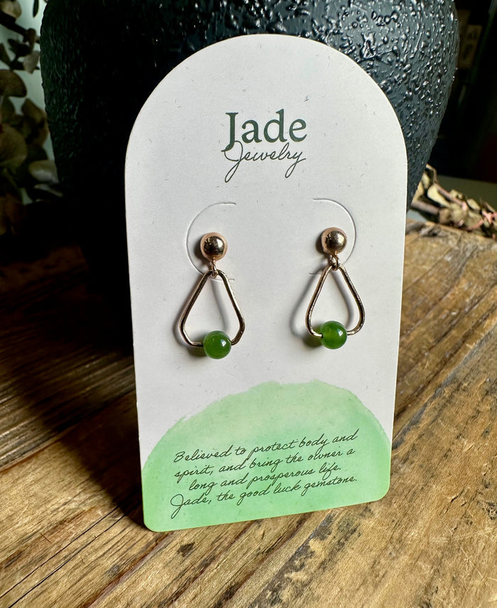 Jade triangle drop earrings with green beads displayed on a white Jade Jewelry card